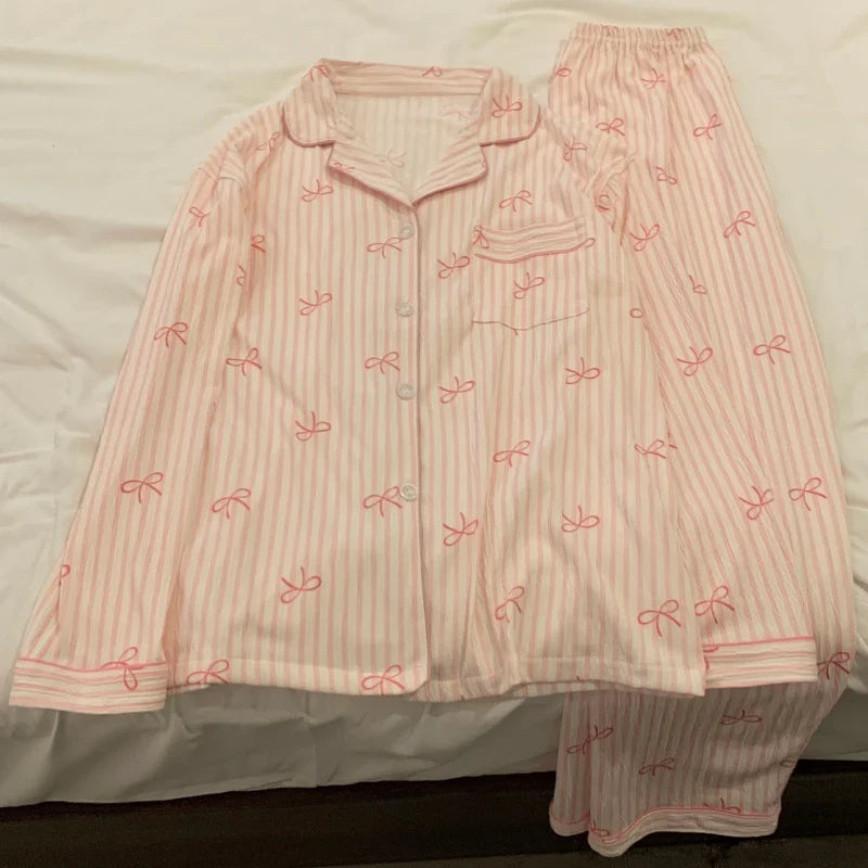 Pink Bow Tie Design Pajamas for Women Long Sleeve Top & Elastic Waist Pants Pajamas Set Harajuku Style Casual New Home Wear