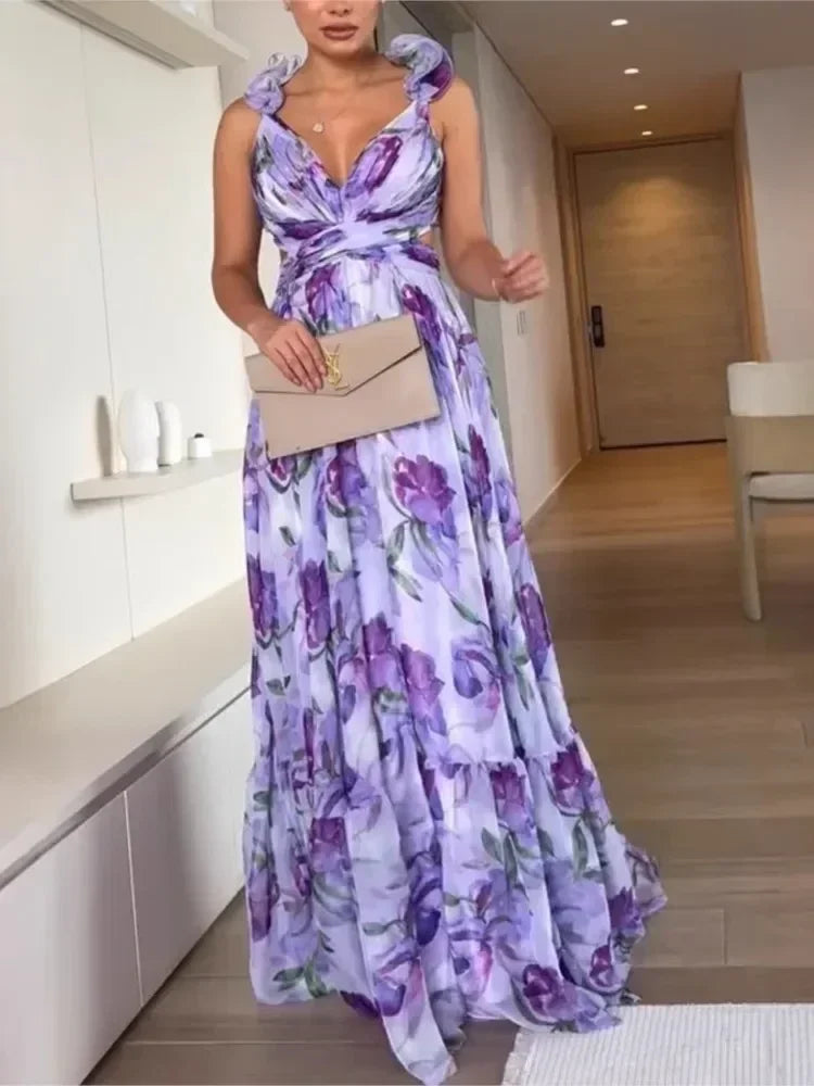 2025 Sexy Printed Chiffon Long Dress Summer Fashion Elegant V Neck Ruffles Edge Slim Vacation Sleeveless Backless Party Dresses