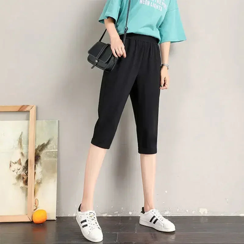 Summer Lightweight Black Casual Sports Pants Women Student Loose High-Waist Wide-Leg Shorts