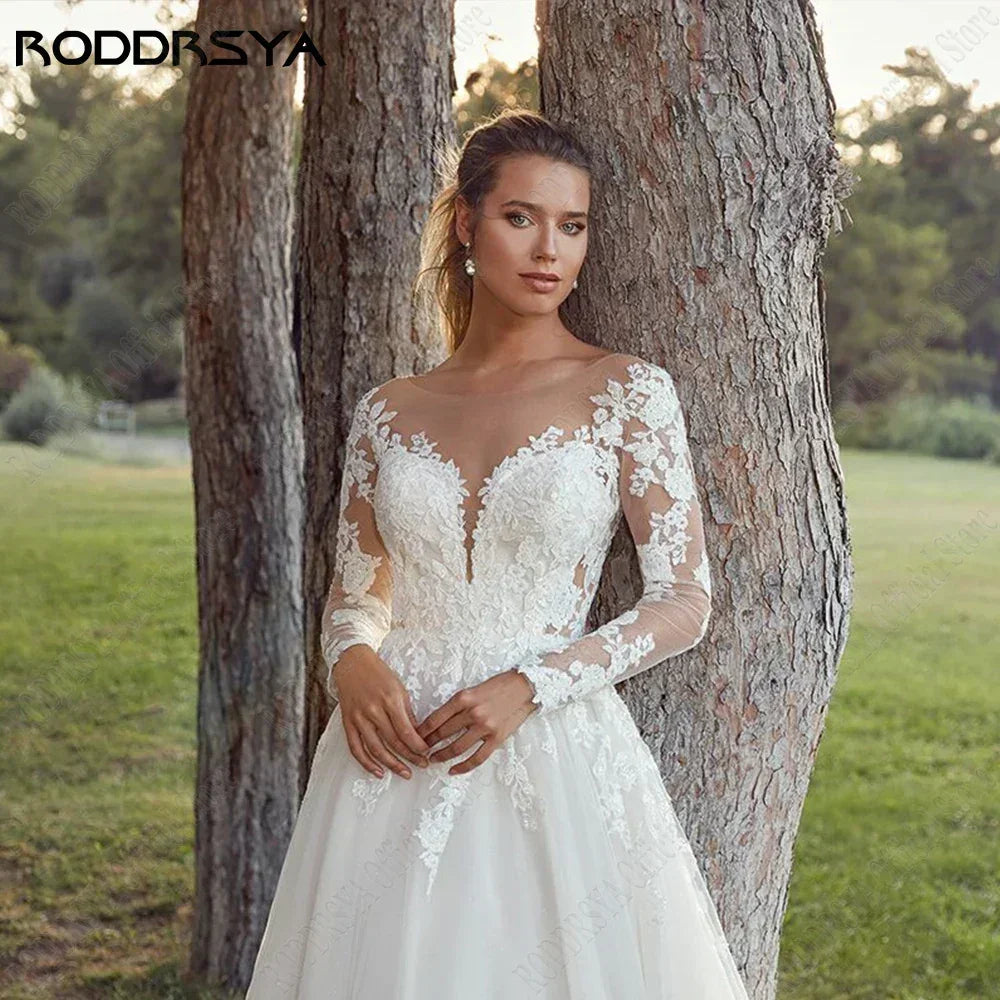 RODDRSYA Customized Wedding Dress Women Long Sleeves Illusion Back Scoop Bride Gown Applique A-Line Tulle Boho vestidos de novia