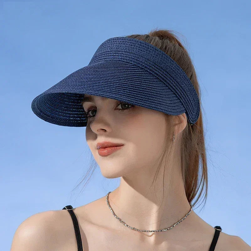Spring and Summer Women's Outdoor Sunshade  Straw Hat Fashion Empty Top  Duck Tongue Hat Big Brim Cap G37