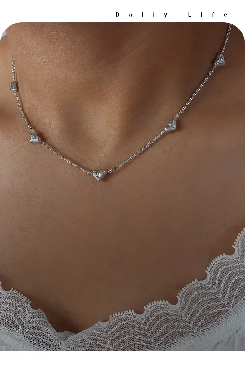 Cute Heart Necklace Earrings Bracelet Jewelry Set Stainless Steel For Women Fashion Shiny Zircon Bridal Accessories Wedding Gift