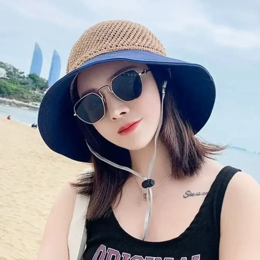 Summer Women Bucket Hat UV Protection Sun Hats Soft Foldable Wide Brim Outdoor Beach Hat Panama Cap Ponytail Cap