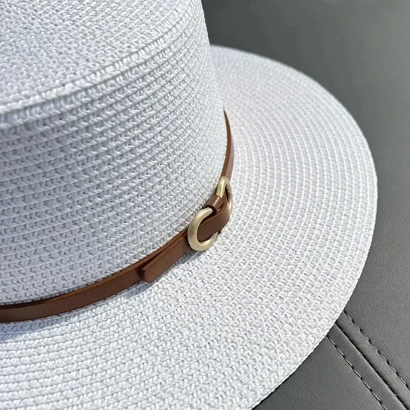 Simple Straw Summer Women Beach Hat Female Casual Panama Hat Women Flat Brim Bowknot Straw Cap Girls Sun Hat