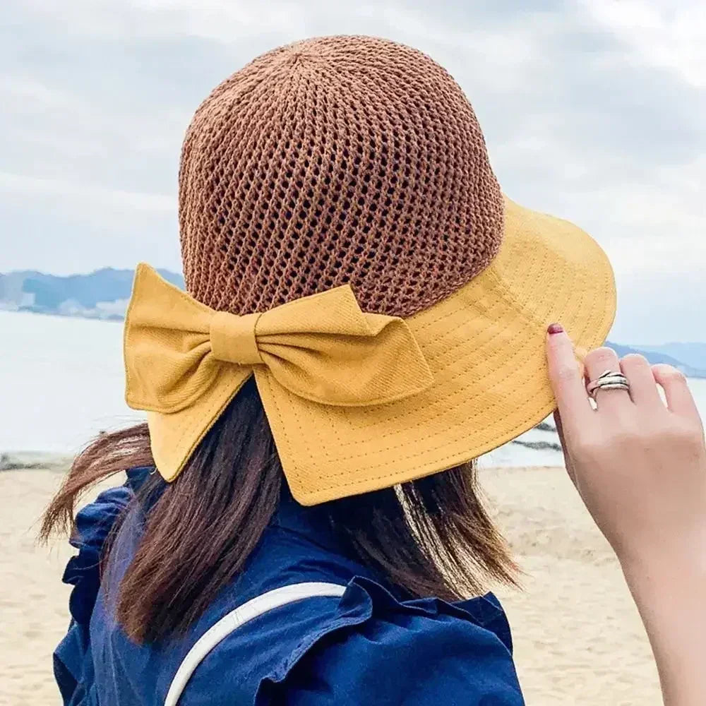 Summer Women Bucket Hat UV Protection Sun Hats Soft Foldable Wide Brim Outdoor Beach Hat Panama Cap Ponytail Cap