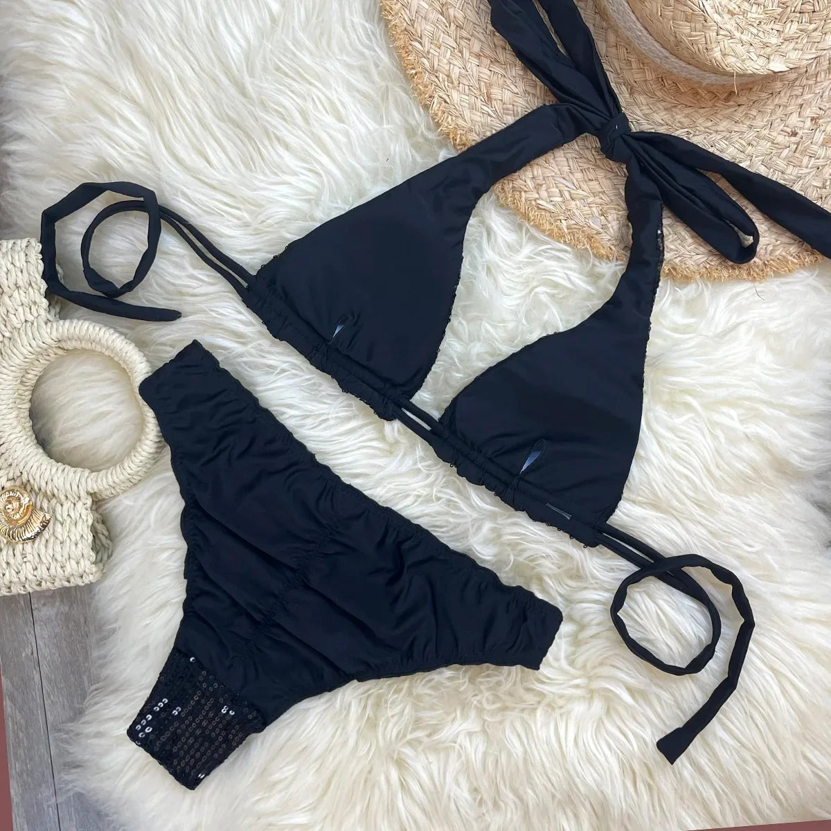 Melphieer Women's Sequins Sparkle Bikini Set Strappy Bandage Ruching Bum Two Piece Swimsuit for Beach Pool Club Holiday Outfits