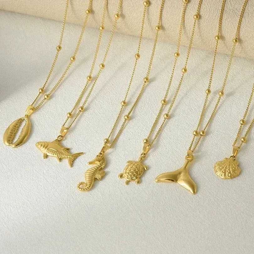 1Pc Temperament Fashion Summer Beach Blue Marine Life Sea Horse Shell Turtle Mini Fish Bead Necklace Classic Clavicle Chain