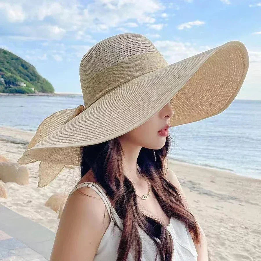 Ladies' hats, spring and summer new styles, large brimmed straw hats, summer UV resistant sun hats, foldable bow shaped sun hats