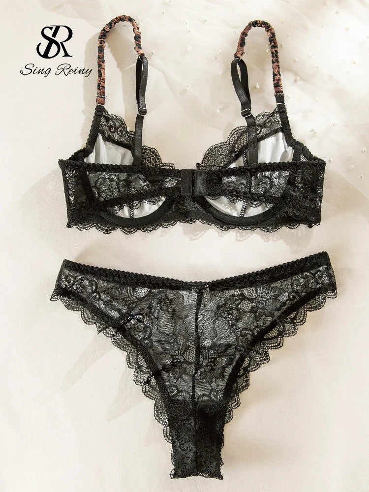 SINGREINY Leopard Print Sexy Lingerie Sets Women Lace Patctwork Sheer Bra Brief Sets Transparent Chic Vintage Underwear Suits