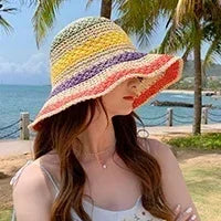 Women Sun Hat Big Eaves Waves Beach Cap Ladies Hat Big Brim Sun Visors UV Cut Bucket Panama Cap Foldable Straw Sunscreen Vintage