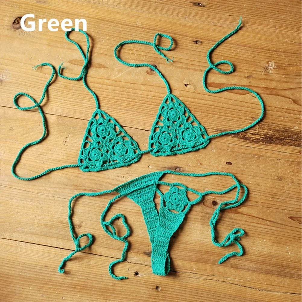 Women Sexy Handmade Bikini Sets Crochet Flower Solid Color Lace Thong String Swimwear Sunbathing Swimsuit Beach Wear Lace-up