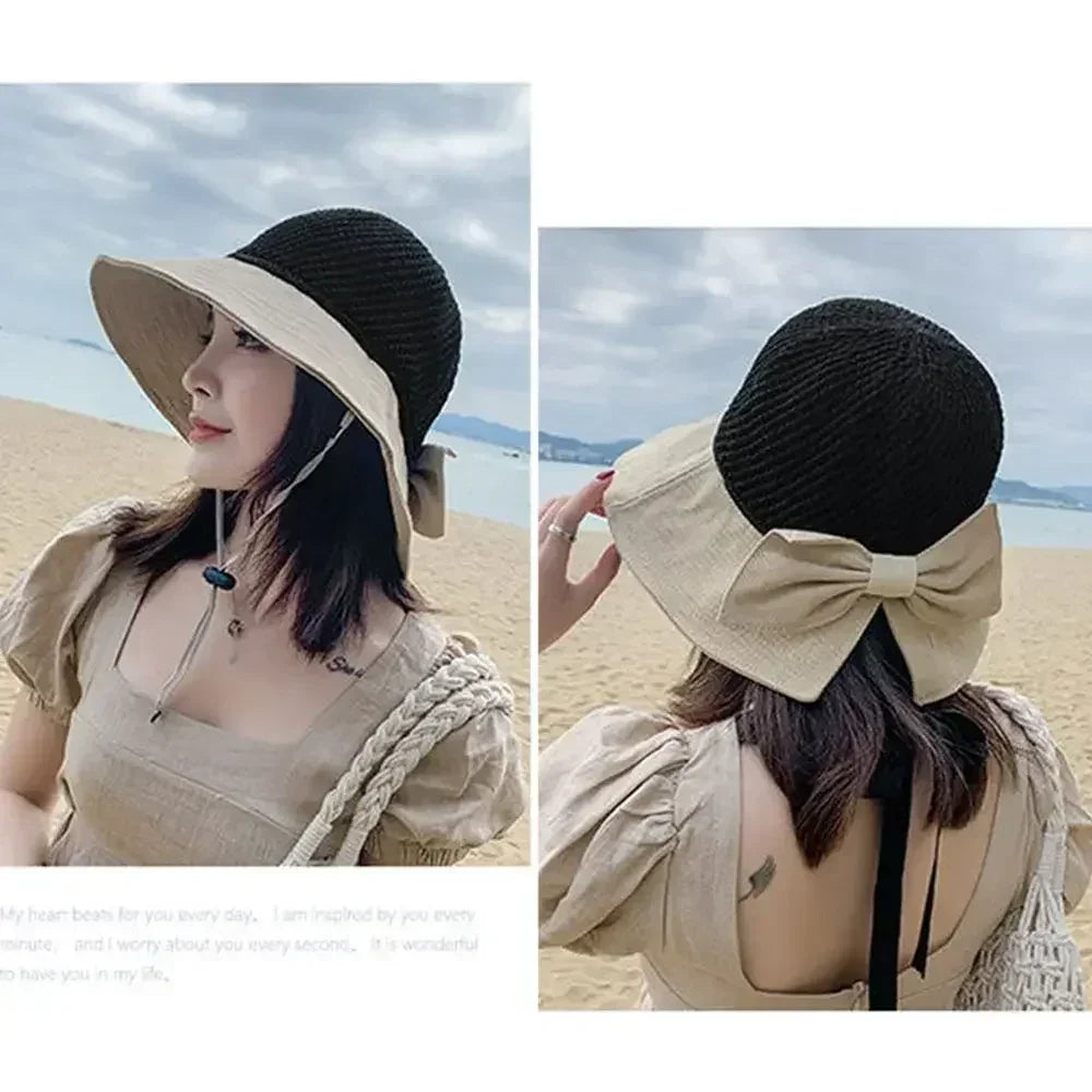 Summer Women Bucket Hat UV Protection Sun Hats Soft Foldable Wide Brim Outdoor Beach Hat Panama Cap Ponytail Cap