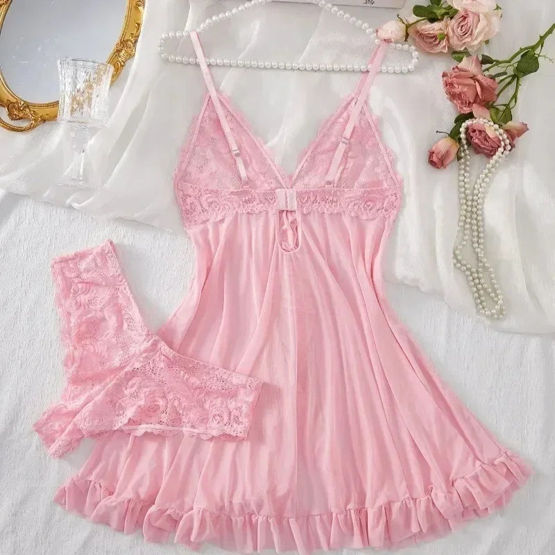 Sexy Lingerie Set Women Erotic Bra Nightdress Sexy Lace Sleepwear Solid Slim Soft Dresses V Neck Full Slip Sleepwear & Dresses