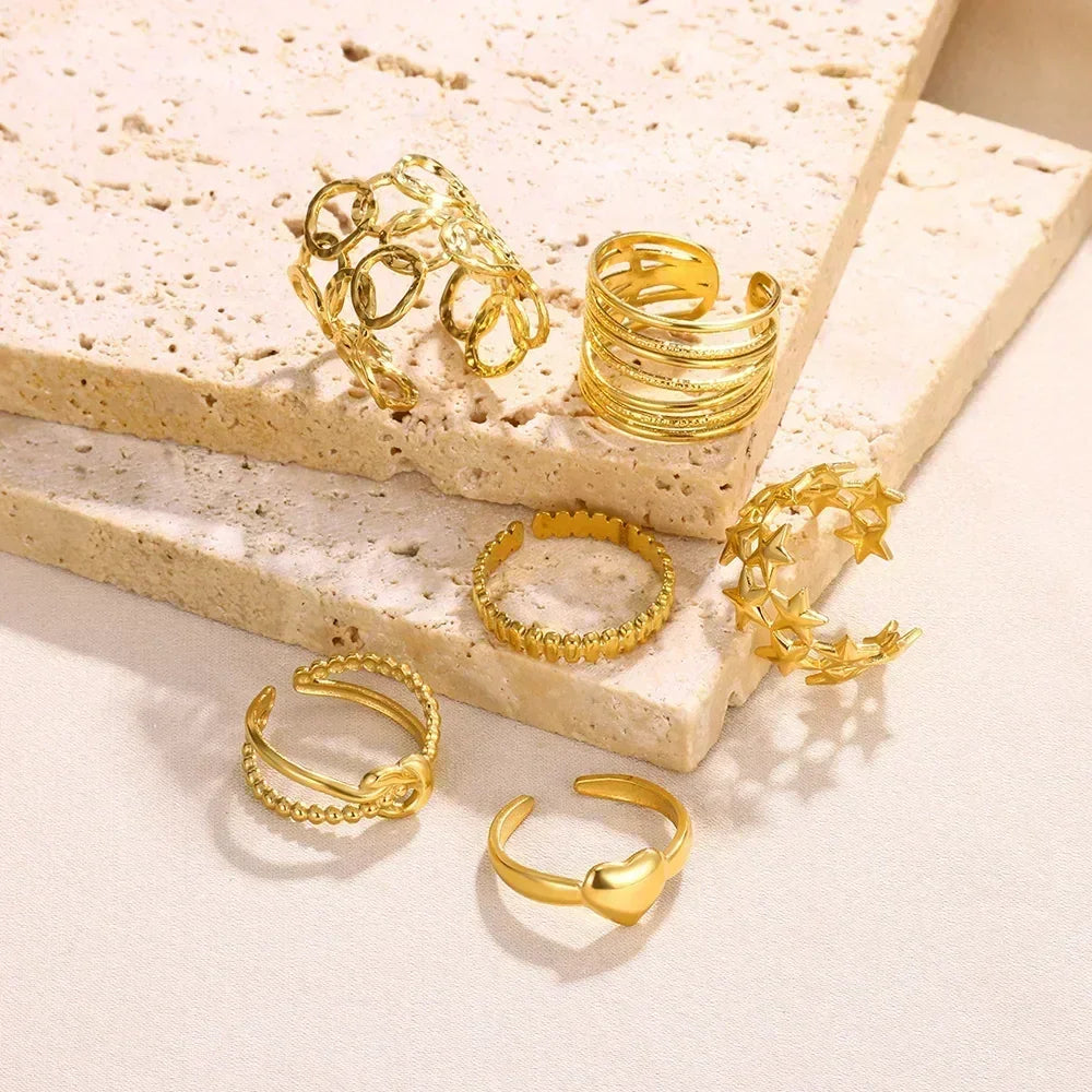 Stainless Steel Flower Open Rings For Women Trend Wedding Heart Jewelry Gold Color Geometric Hollow Ring Daily Accessories Gift