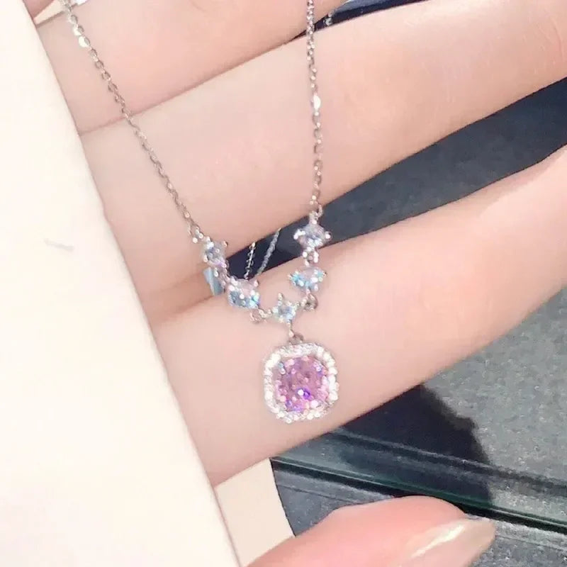 Luxurious Square Pink Zircon Pendant Necklace For Women Fashionable Personalized Daily Accessory Party Jewelry Birthday Gifts