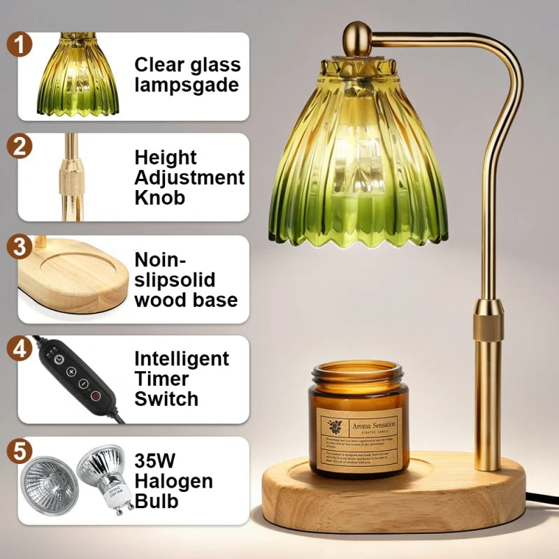 Retro Wooden Base Candle Warmer Lamp with Glass Shade & Timer