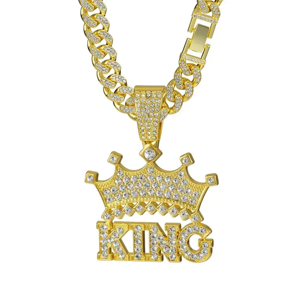 Men Hip Hop Crown with King Pendant Necklace with 13mm Crystal Cuban Chain HipHop Iced Out Bling Necklaces Fashion Charm Jewelry