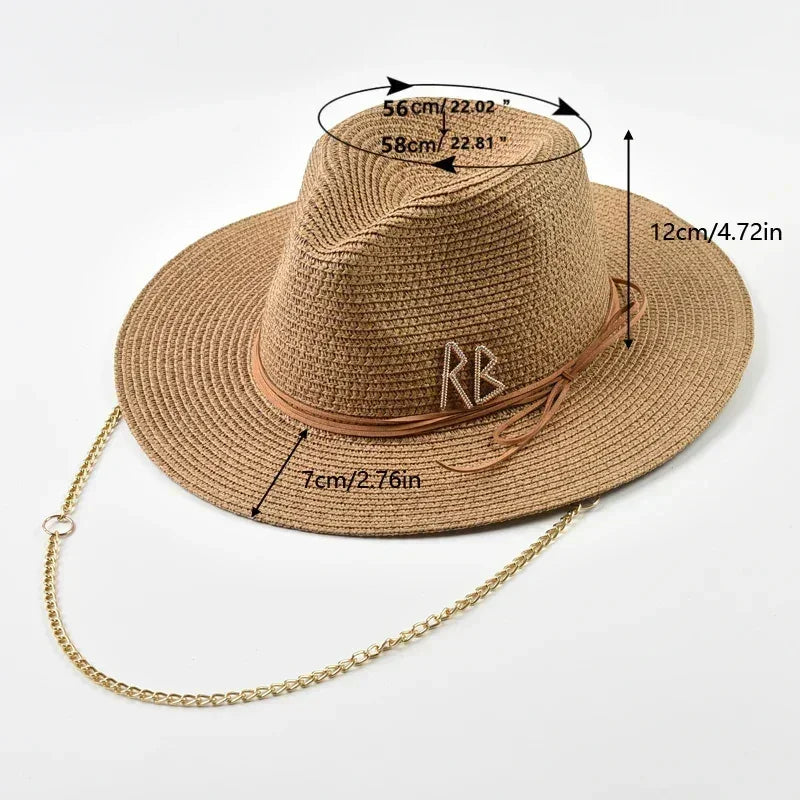 Fashionable Metal RB Letter Straw Hats for Women Men Summer Panaman Jazz Hat Outdoor Holidays Beach Sun Hat