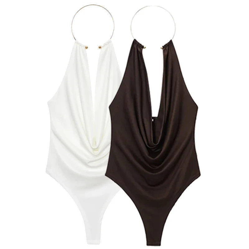 HXAO Brown Halter Bodysuit Women Summer Bodys For Sexy Women Off Shoulder Sleeveless Thong Bodysuit With Open Back Rave Bodysuit