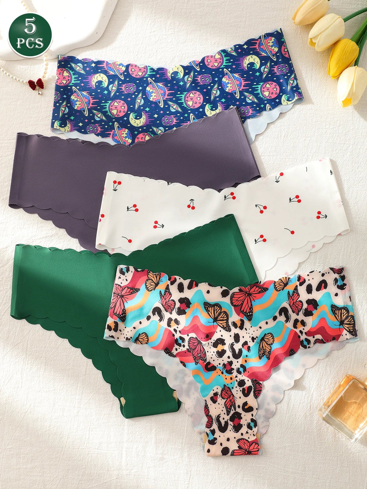 5-Pack Women's Underwear, Solid Color and Printed Mix, Seamless, Bare-Feel, Sexy and Comfortable Bikini Panties