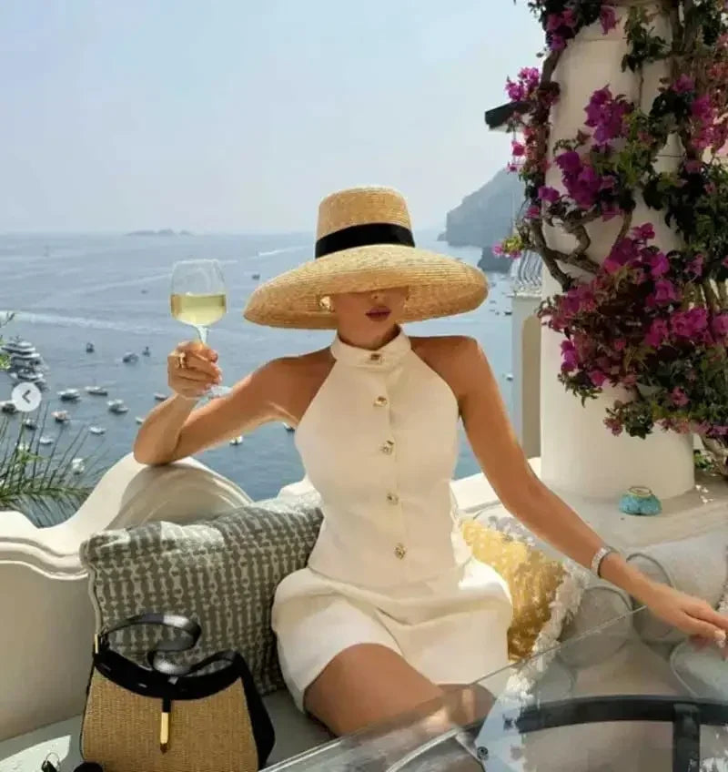 Straw summer hat French elegant ladies seaside travel sun hat Hepburn style wide brim hat  햇빛가리개 모자 모자