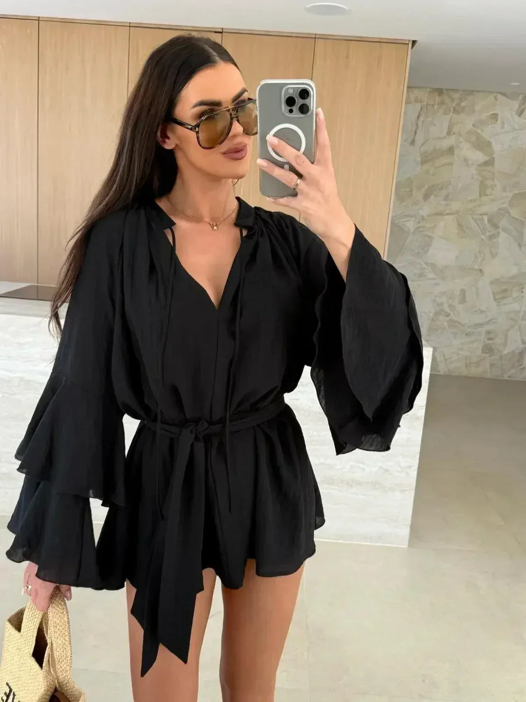 Elegant Fold Dress Women Brown Deep V-neck Long Sleeve Mini Dresses Female 2025 Spring Summer Fashion Loose Lady Vestidos