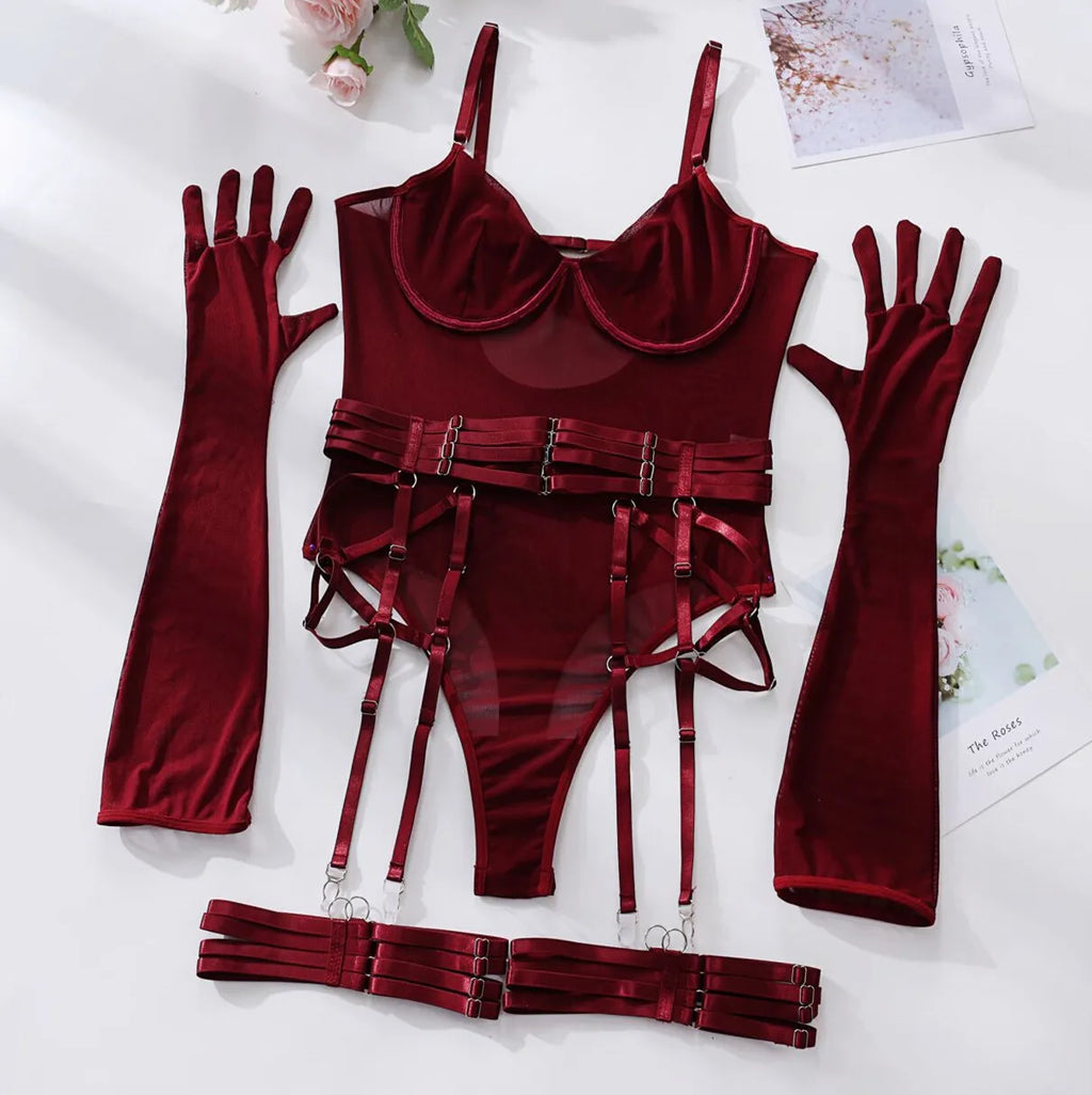 Bodysuit Sexy One-piece With Gloves Garters Mesh Women Rompers Clothing Body Suits Lace Jumpsuit Sweet Korean Women EV5W