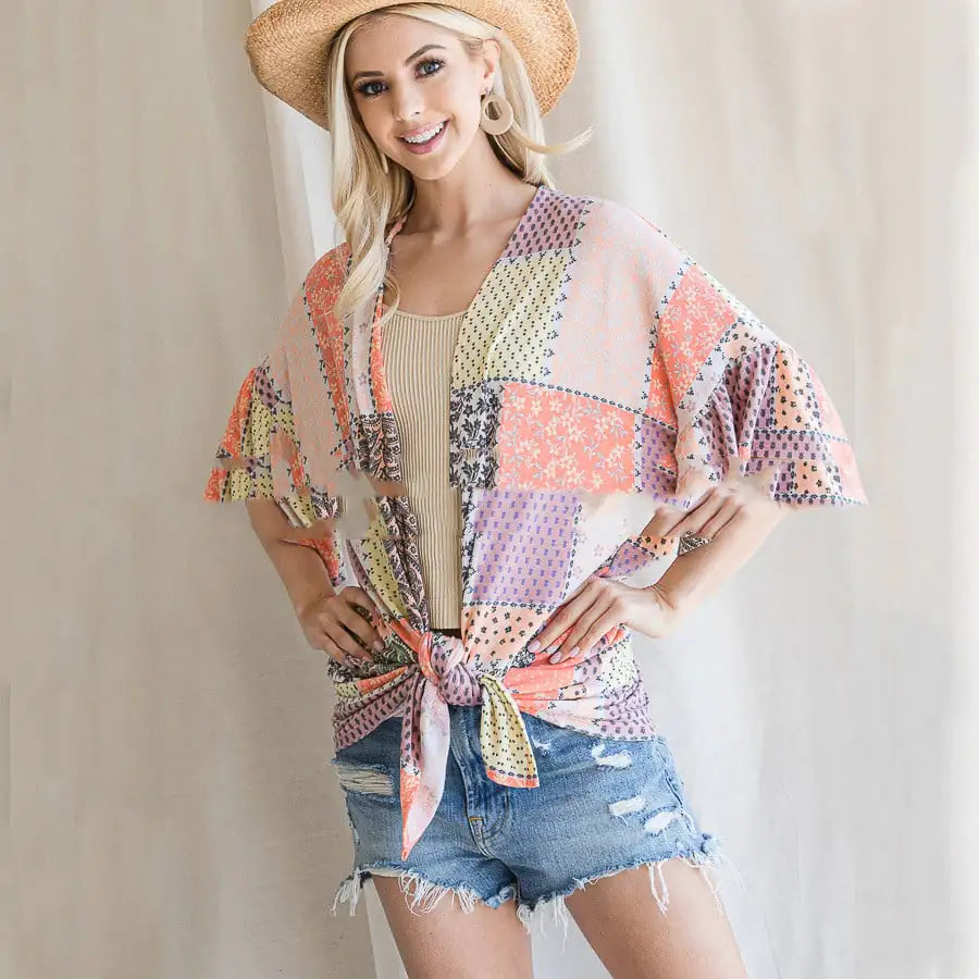 Geometric Print Colorblock Chiffon Blouse