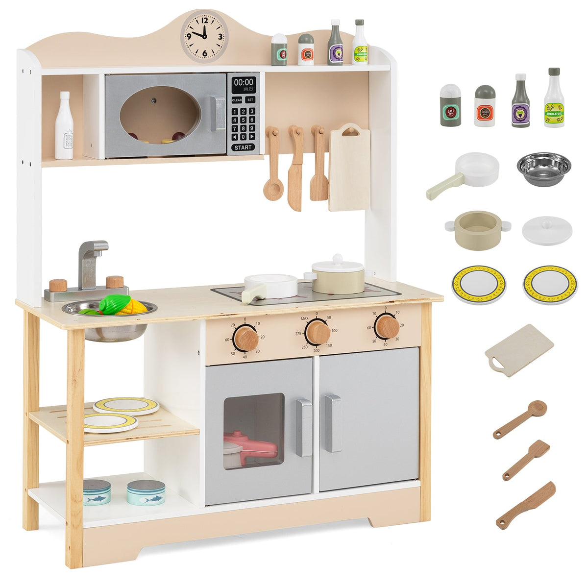 Wooden Play Kitchen Cooking Toy Playset for Kids-White