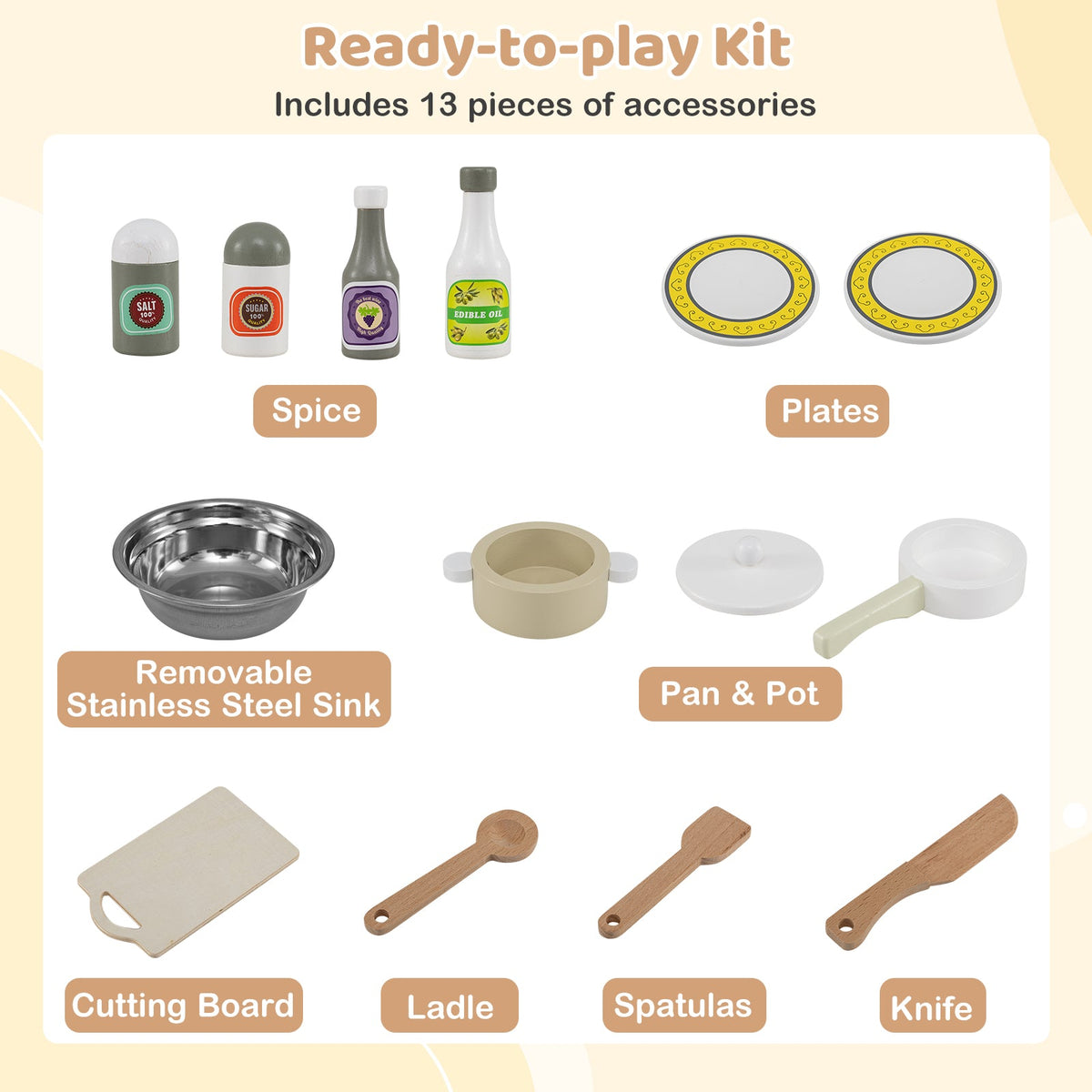Wooden Play Kitchen Cooking Toy Playset for Kids-White