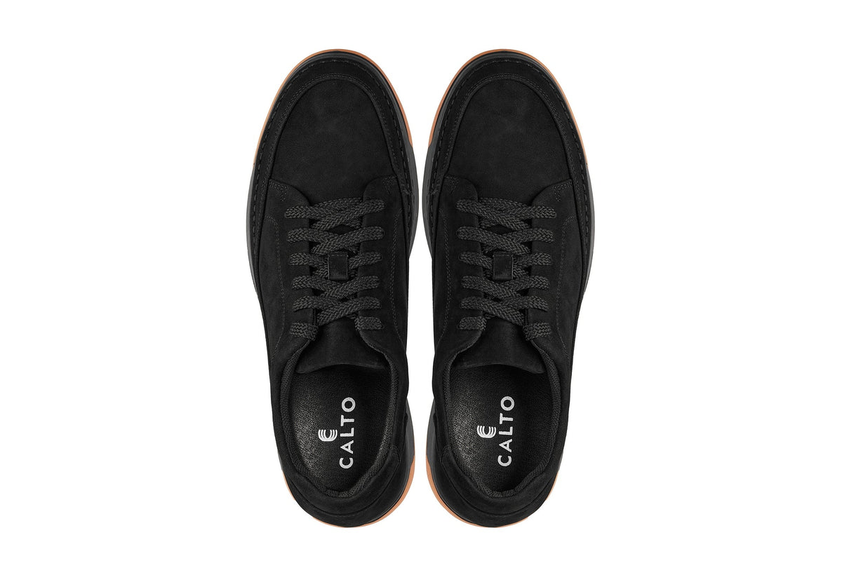CALTO - Y7933 - 2.6 Inches Taller (Noir Suede/Black & Gum Sole) - Elevated Suede Sneakers