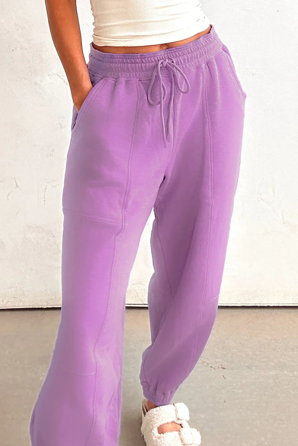 Lilac Tie Elastic Waist Solid Color Patchwork Jogger Pants