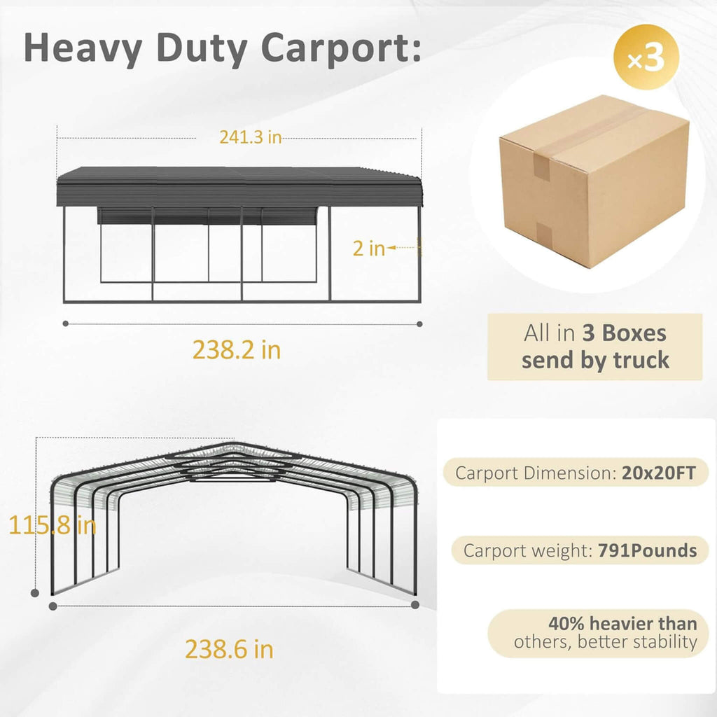 [20X20FT] Heavy-Duty Extra-Large 2 Car Metal Carport Kit For Cars, Boats, And Trucks (SAK46135)
