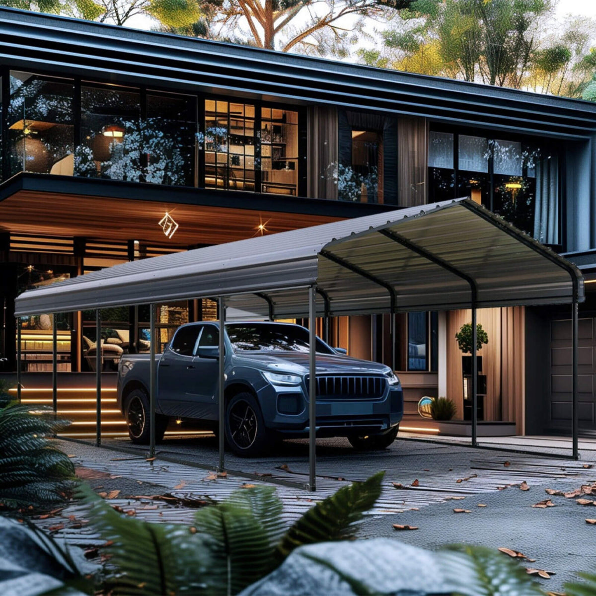 [12X25FT] Heavy-Duty Extra-Large Multi Vehicle Carport Kit With Galvanized Steel Roof (SAK37514)
