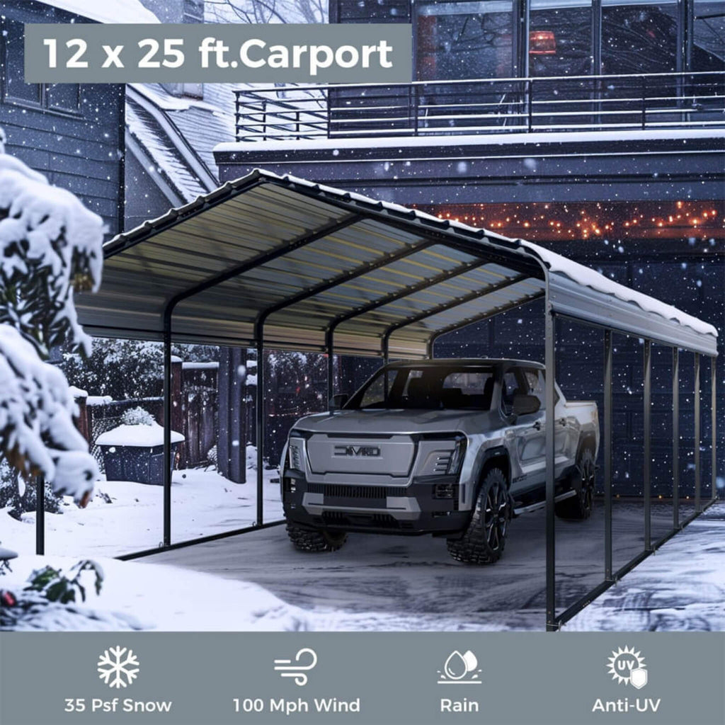[12X25FT] Heavy-Duty Extra-Large Multi Vehicle Carport Kit With Galvanized Steel Roof (SAK37514)