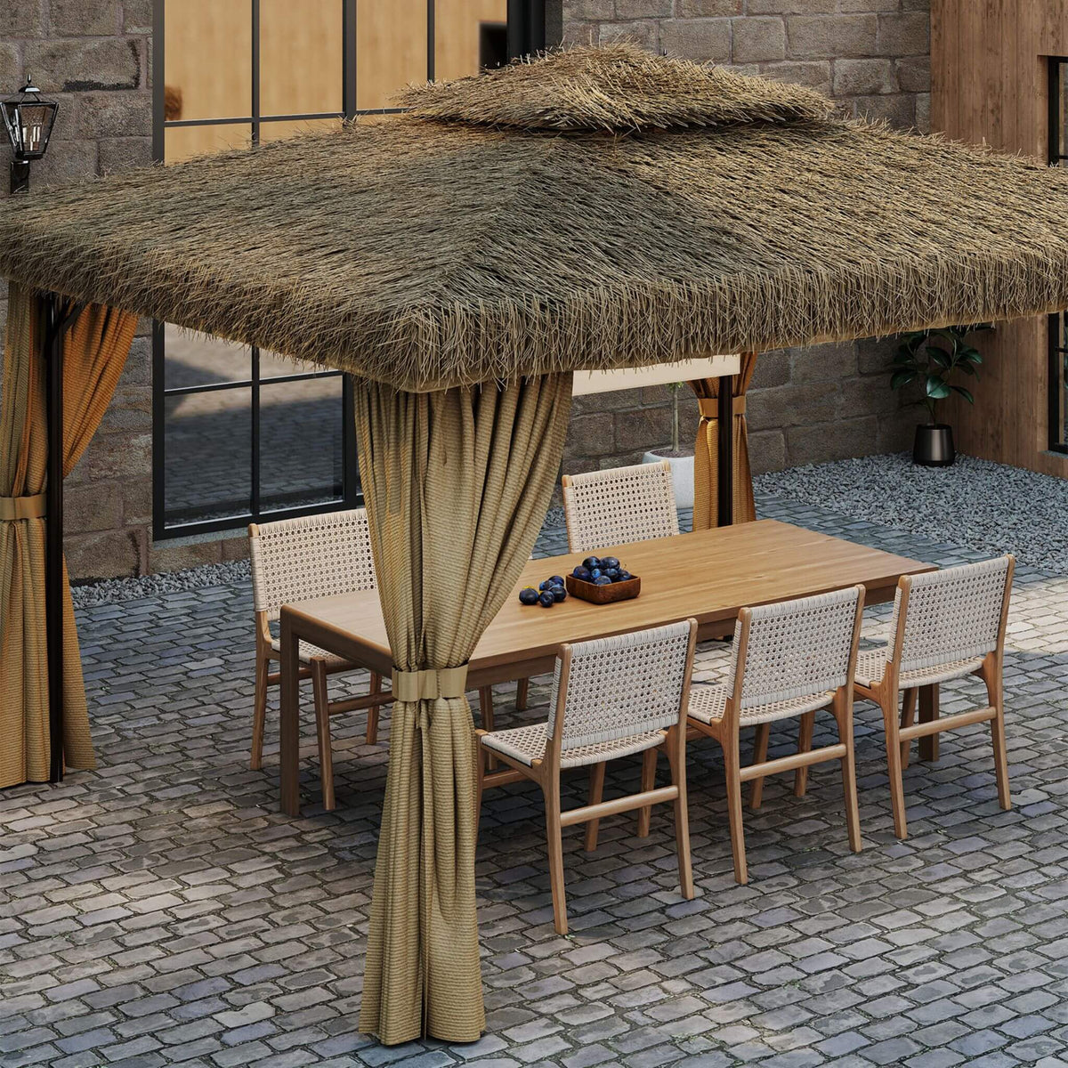 Outdoor Double Canopy Aluminum Patio Gazebo With Hawaiian Thatch Roof (SAK39068)