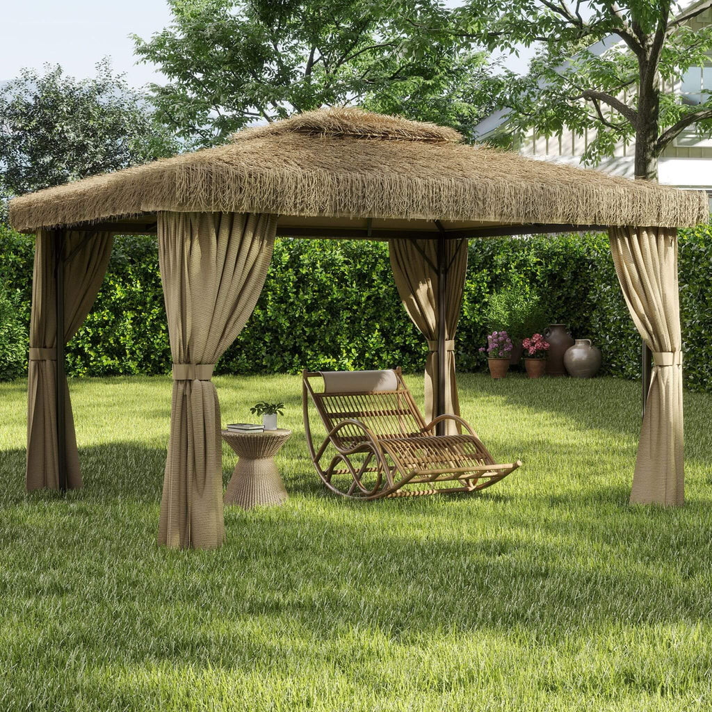 Outdoor Double Canopy Aluminum Patio Gazebo With Hawaiian Thatch Roof (SAK39068)