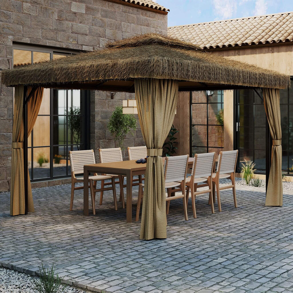 Outdoor Double Canopy Aluminum Patio Gazebo With Hawaiian Thatch Roof (SAK39068)