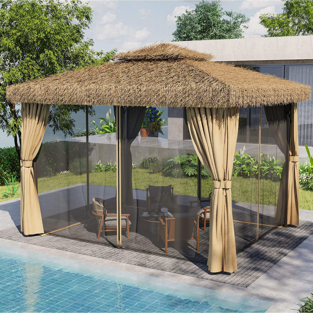 Outdoor Double Canopy Aluminum Patio Gazebo With Hawaiian Thatch Roof (SAK39068)