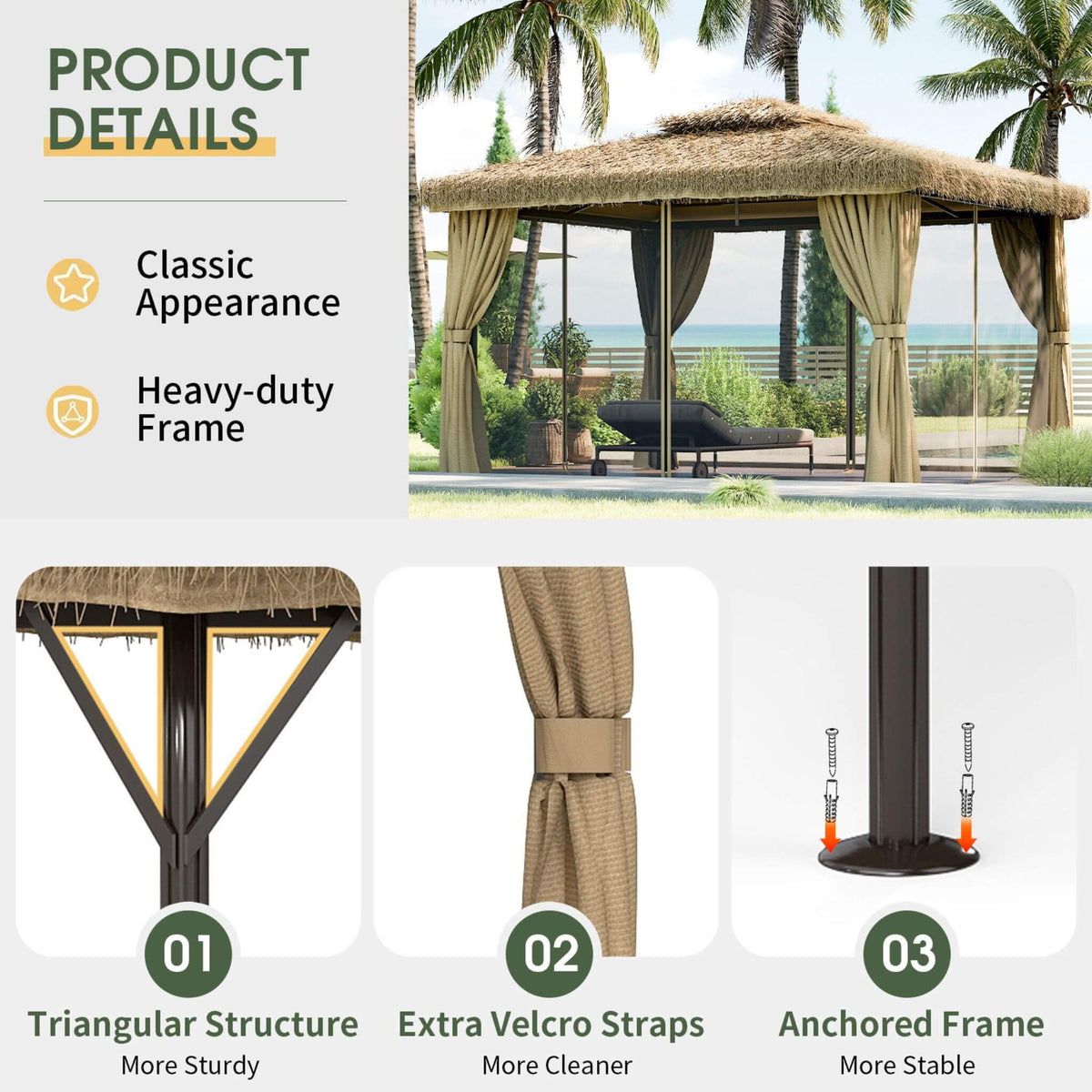 Outdoor Double Canopy Aluminum Patio Gazebo With Hawaiian Thatch Roof (SAK39068)