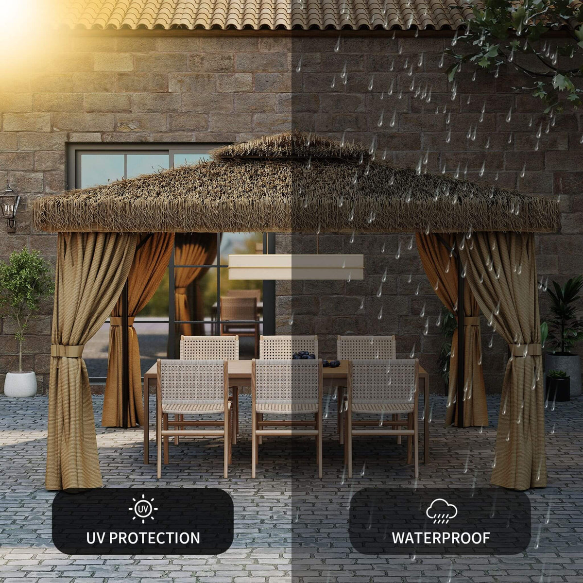 Outdoor Double Canopy Aluminum Patio Gazebo With Hawaiian Thatch Roof (SAK39068)