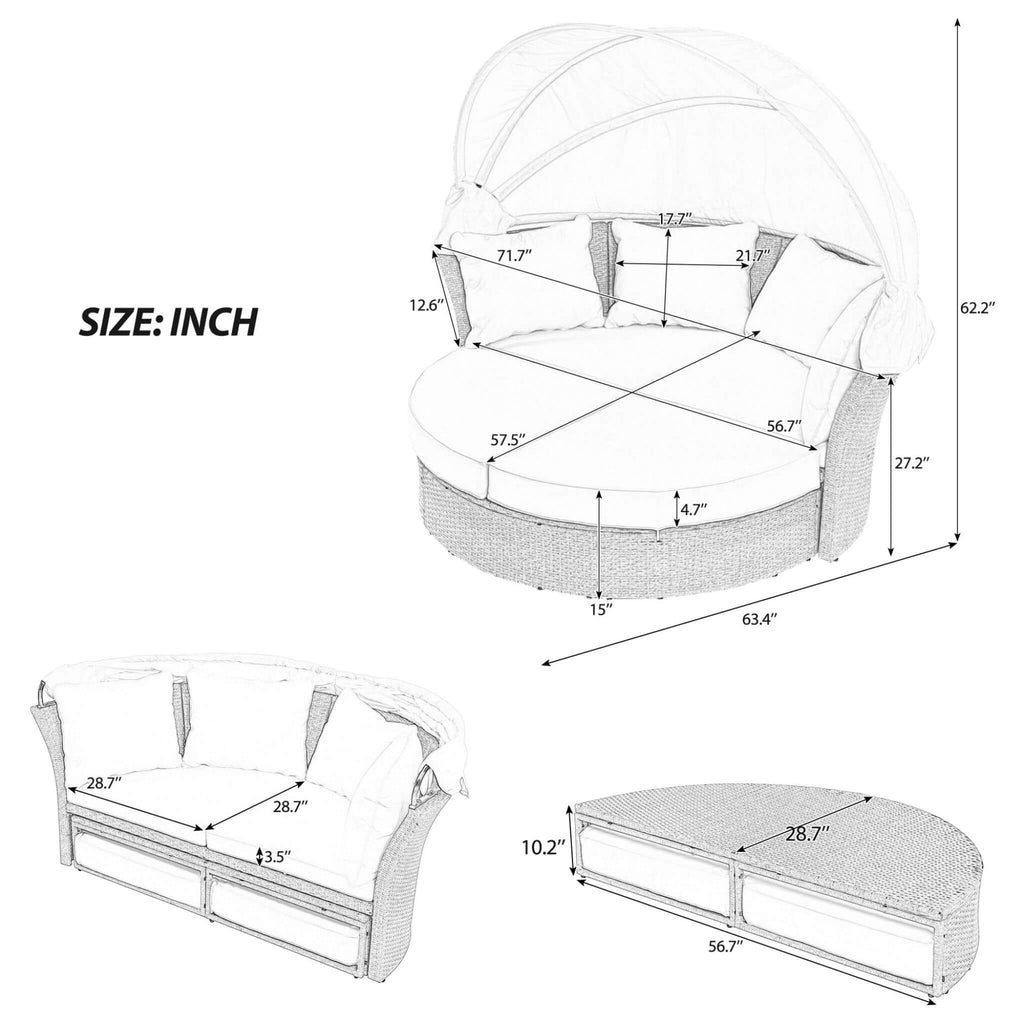 Premium Outdoor Garden Wicker Rattan Patio Daybed With Retractable Canopy (SAK43581)