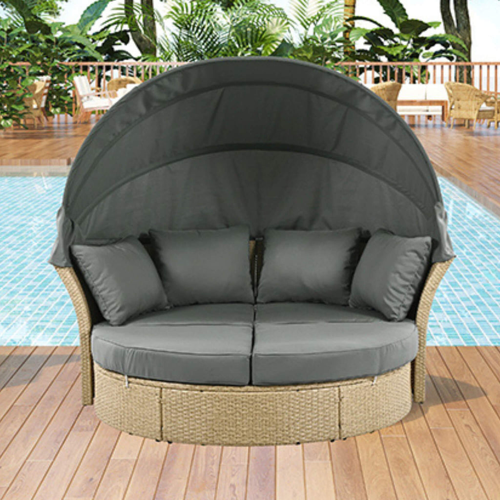 Premium Outdoor Garden Wicker Rattan Patio Daybed With Retractable Canopy (SAK43581)