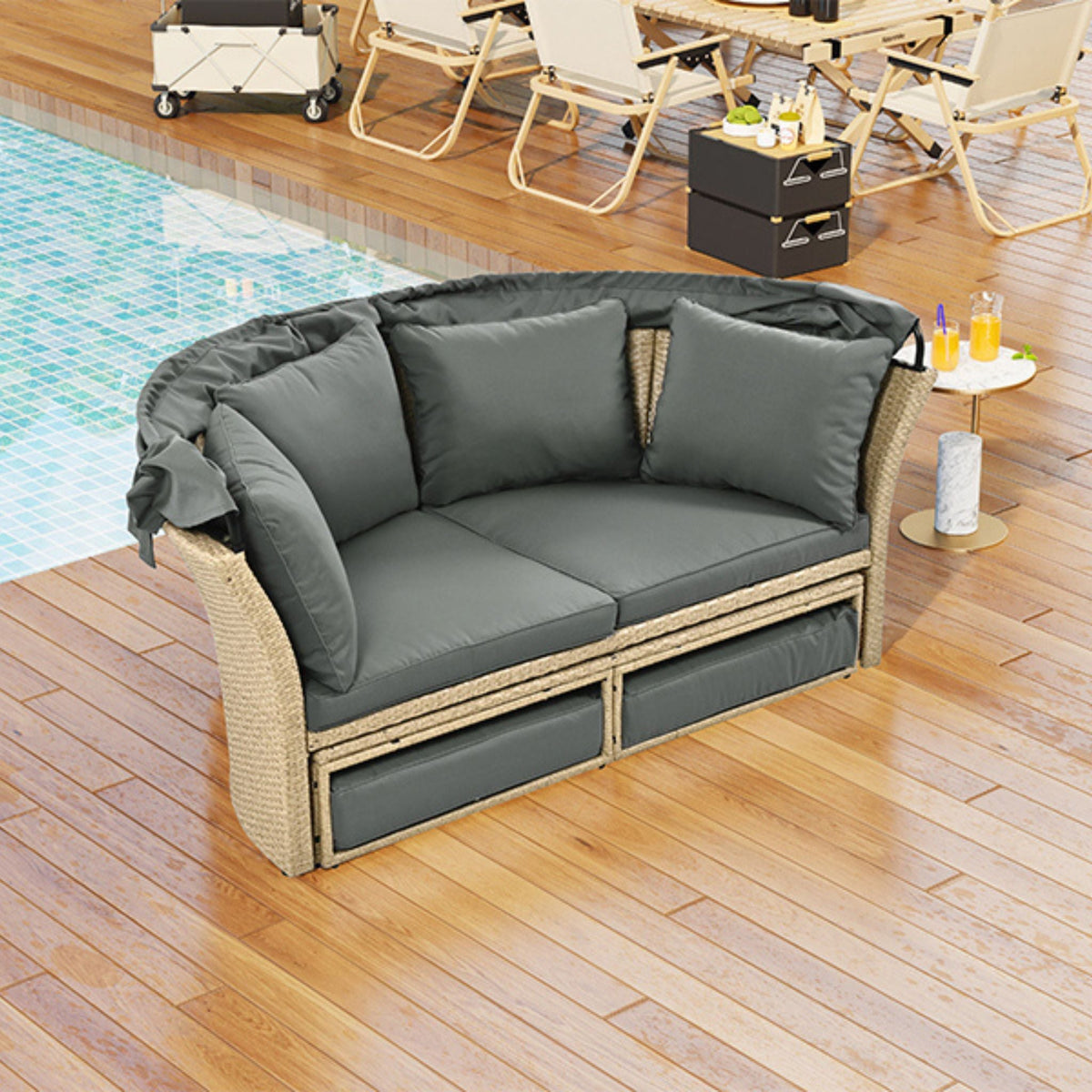 Premium Outdoor Garden Wicker Rattan Patio Daybed With Retractable Canopy (SAK43581)
