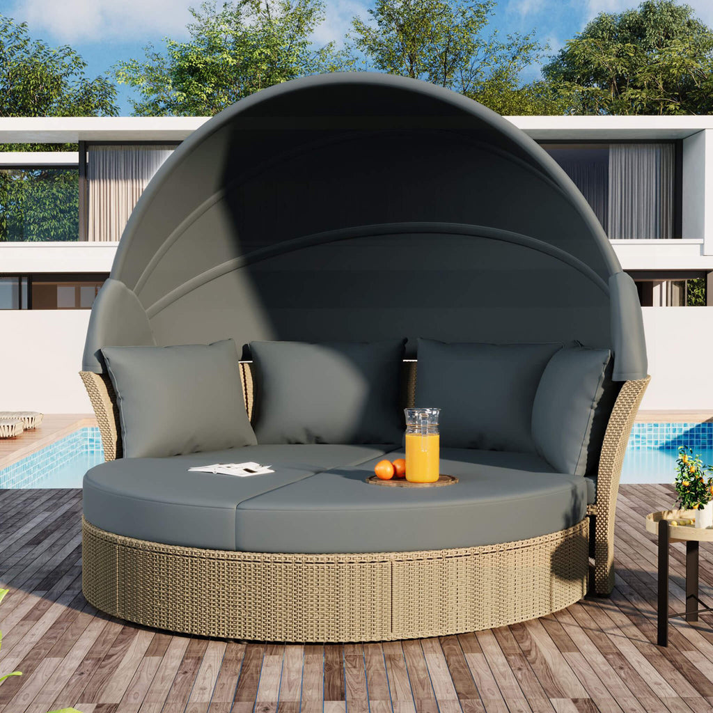 Premium Outdoor Garden Wicker Rattan Patio Daybed With Retractable Canopy (SAK43581)
