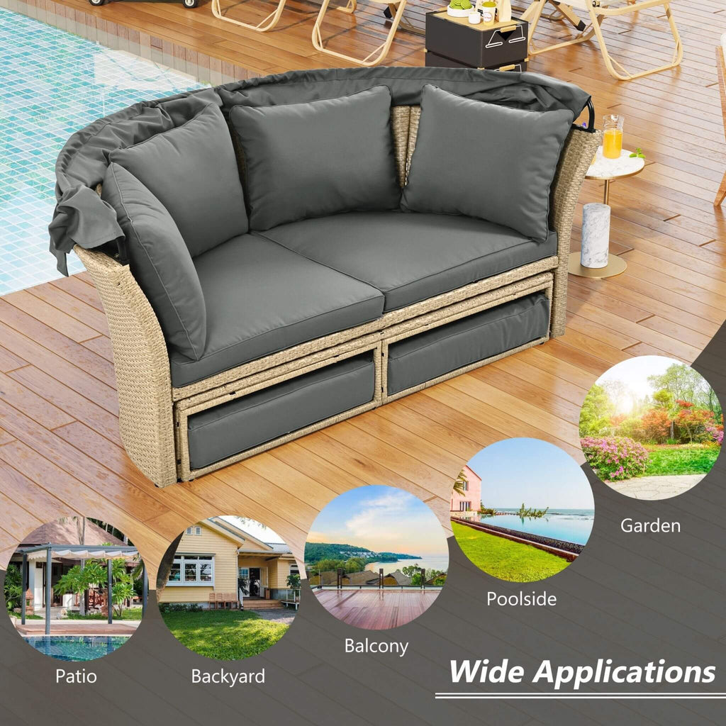 Premium Outdoor Garden Wicker Rattan Patio Daybed With Retractable Canopy (SAK43581)