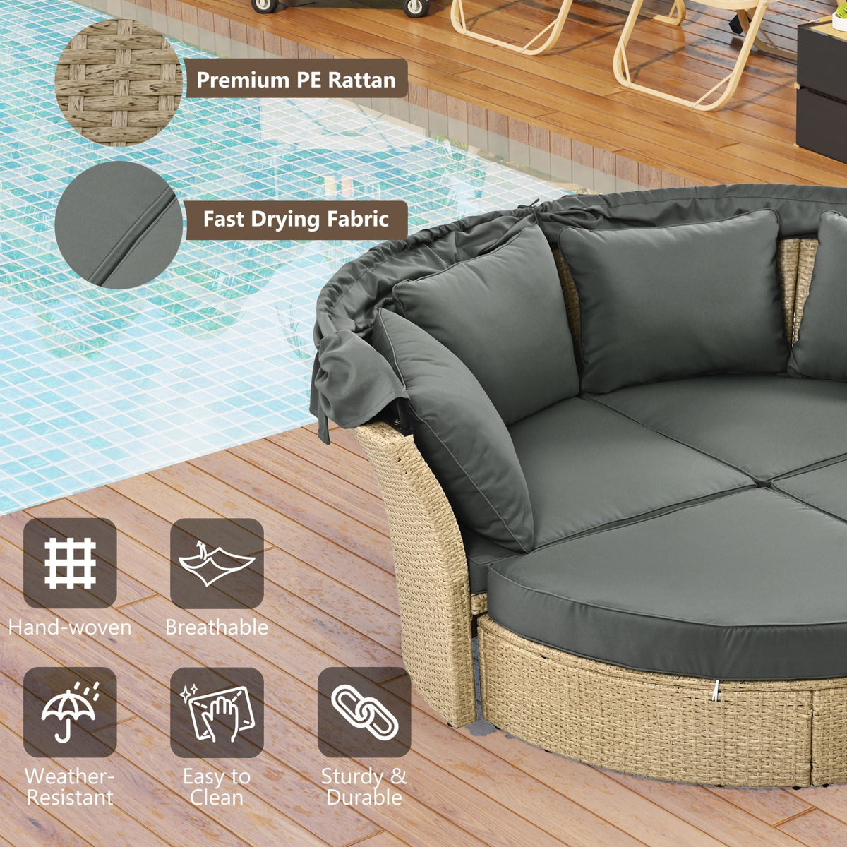 Premium Outdoor Garden Wicker Rattan Patio Daybed With Retractable Canopy (SAK43581)