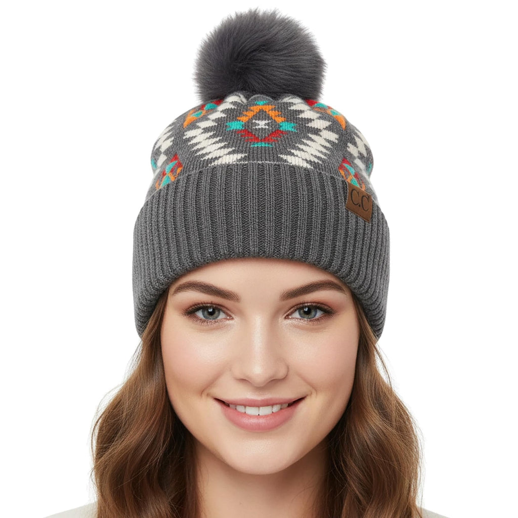 C.C Soft Aztec Pattern Beanie with Faux Fur Pom