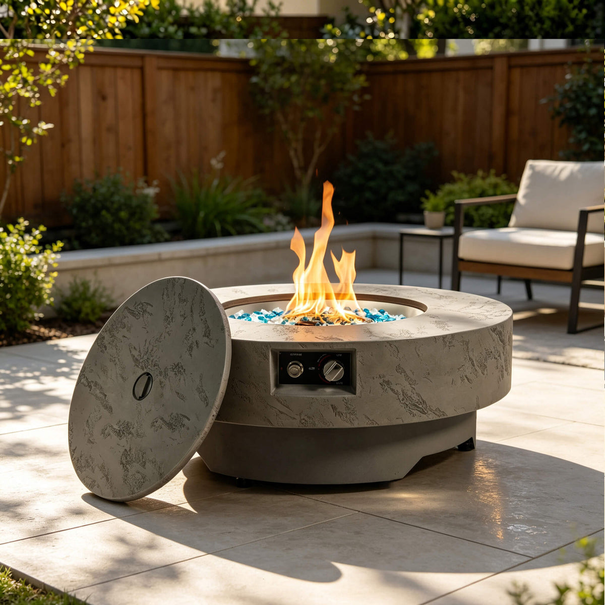Premium 34-Inch Round Propane Fire Table 50K BTU With Glass Stones (SAK92471)