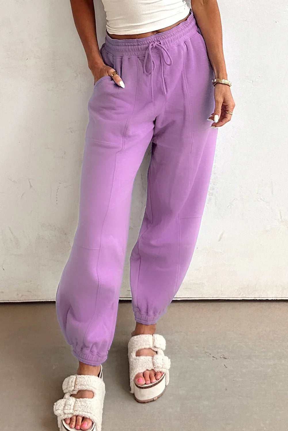 Lilac Tie Elastic Waist Solid Color Patchwork Jogger Pants